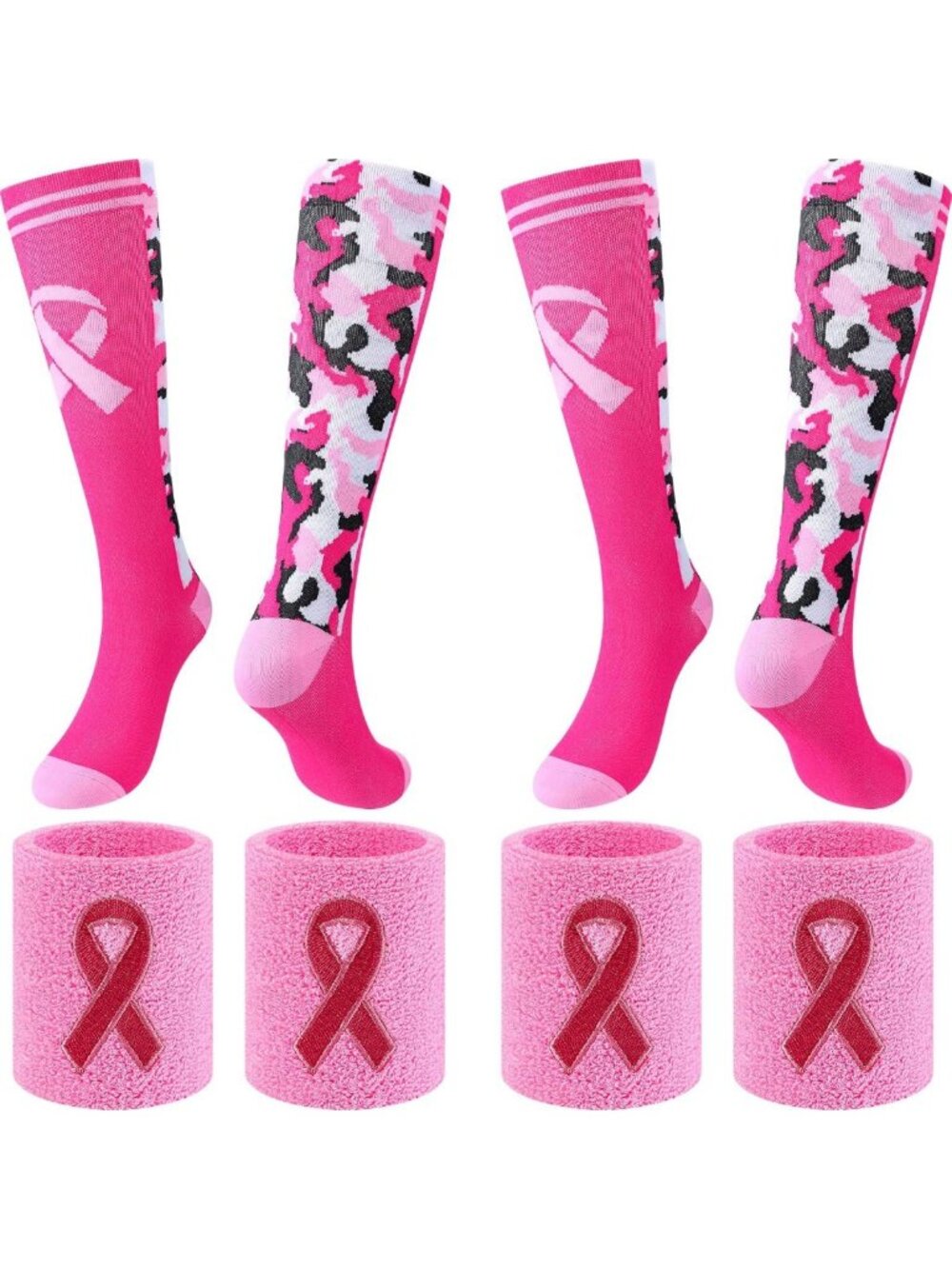 Pink Ribbon Breast Cancer Awareness Socks & Wristbands Set for Women & Youth